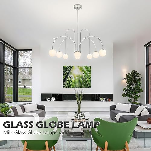 Miniatura 8 de Candelabro Sputnik de níquel con 8 luces colgantes de globo de 38.5 pulgadas, lámpara Sputnik moderna con pantalla de globo de vidrio de leche,