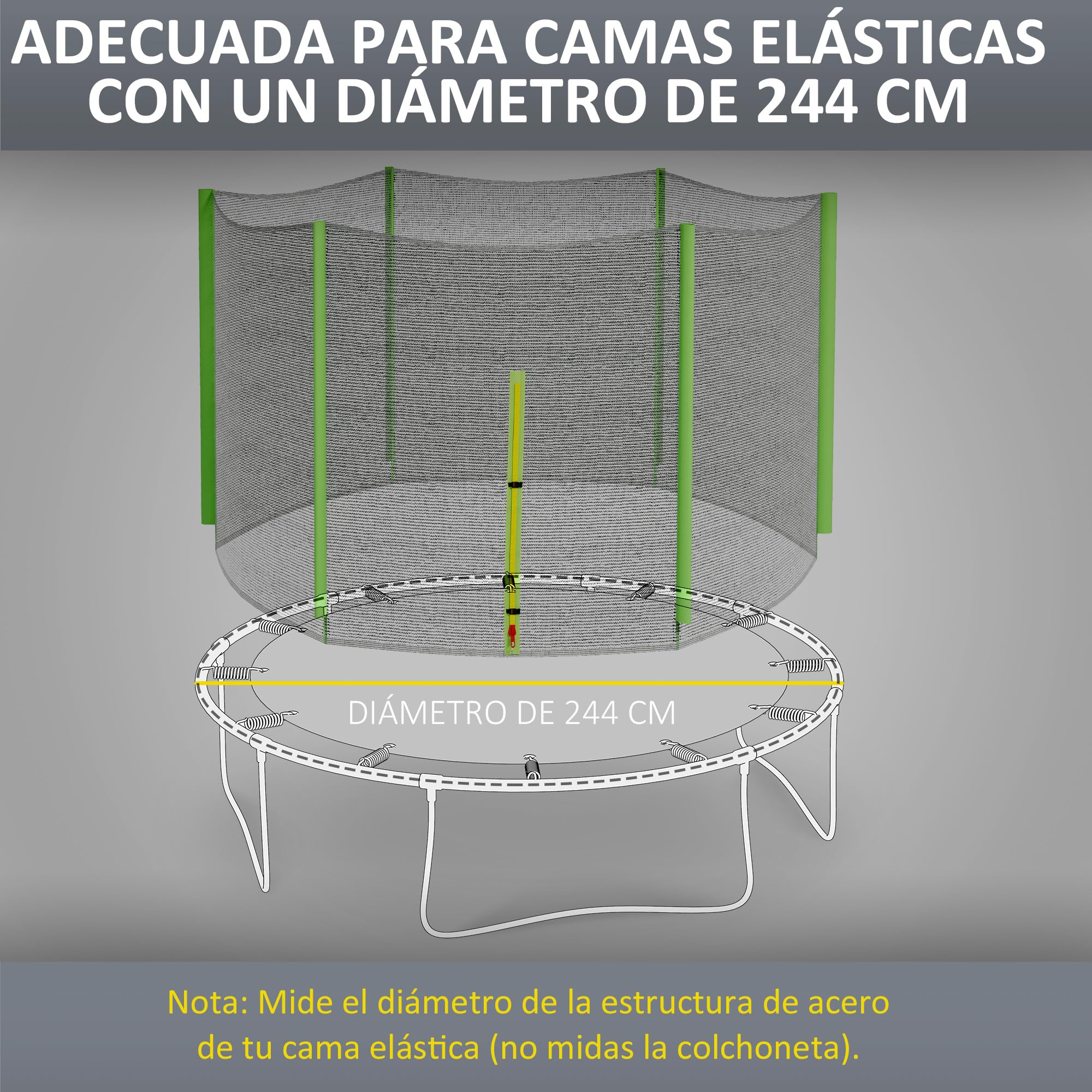 SPORTNOW Red de Seguridad para Cama Elástica Ø244 cm 6 Postes Rectos Verde | Red de Trampolín Redondo, para Exterior, Protectora para Cama Elástica