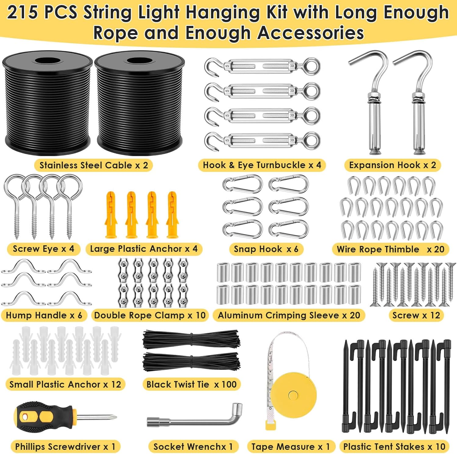 215Pcs String Light Hanging Kit, Outdoor Light Guide Wire Rope with 240FT Nylon Coated 304 Stainless Steel Cable, Turnbuckle, Hooks and Enough Accessories