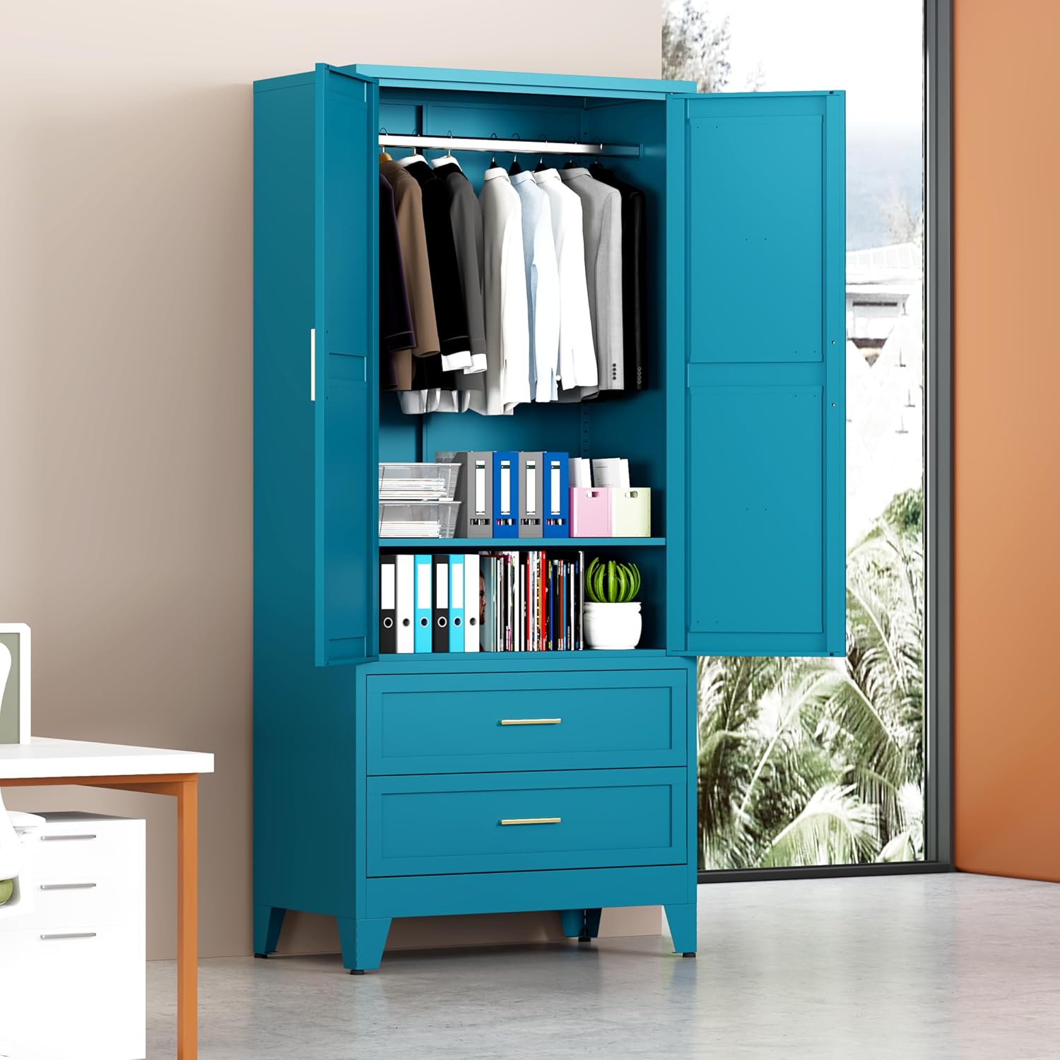 Metal Armoire Wardrobe Closet with 2 Drawers, 71" Wardrobe Cabinet with Adjustable Shelf & Hanging Rod for Bedroom, Blue Metal Closet Storage Cabinet with 2 Doors & Drawers