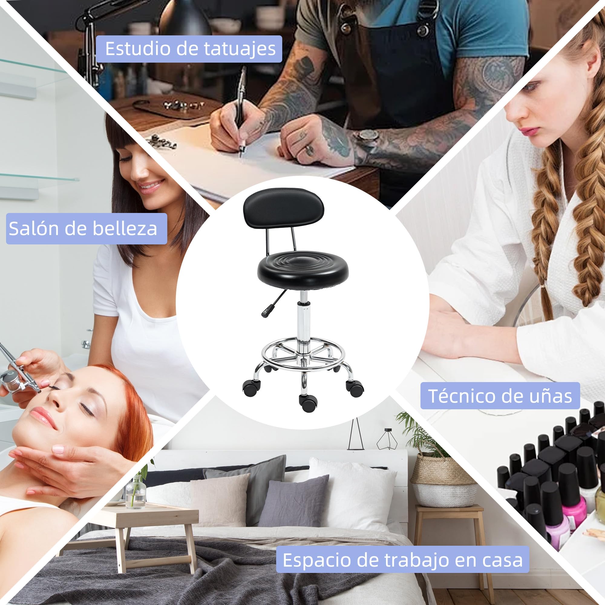 HOMCOM Taburete Giratorio con Ruedas y Respaldo Taburete de Trabajo con Altura Regulable 70-86 cm Asiento Tapizado de Cuero Sintético Negro