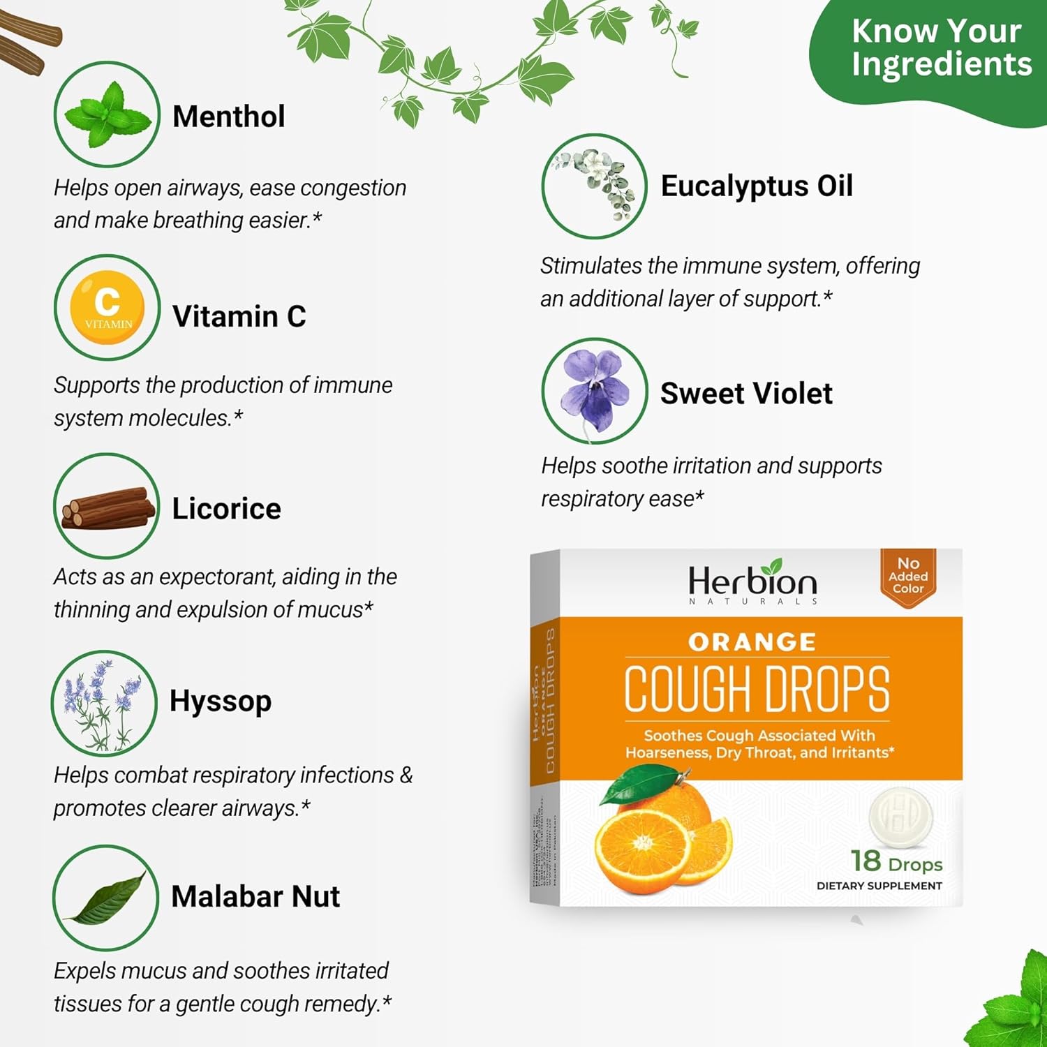 HERBION Naturals Cough Drops, Dietary Supplement, Soothes Cough, for Adults and Children Over 6 Years, No Artificial Flavor, No Added Color, 18 Count (Pack of 48) Orange