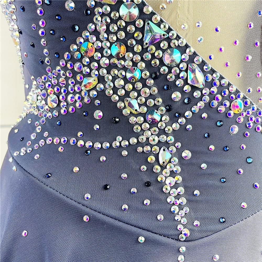 Professionelles Eislauf Kleid Für Mädchen Handgefertigtes Eiskunstlauf Wettbewerb Kostüm Langärmliges Farbverlauf Silber Netzrock Für Rhythmische Gymnastik Strasssteine Rollschuhlaufen