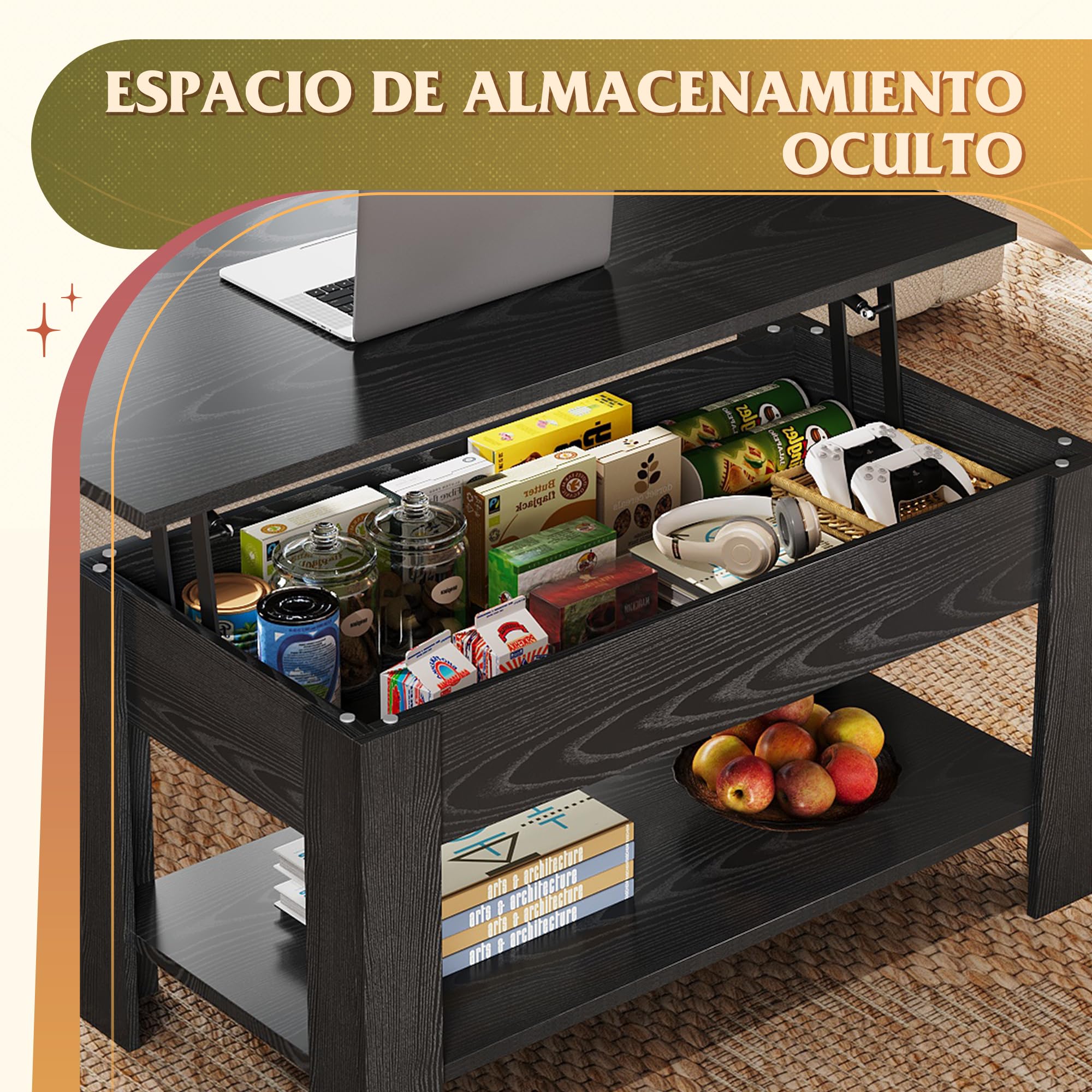 WLIVE Mesa de Sofá Centro con revistero, Mesa de Café elevable, Medidas: 100 cm (Largo) x 45/60cm (Alto) x 48 cm (Fondo) (Negro Carbón)
