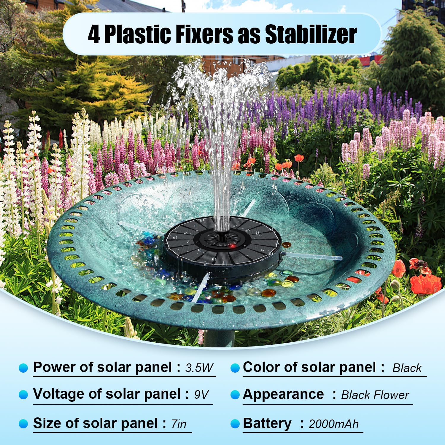 SZMP Solar Fountain Work On Cloudy Day,Solar Water Bird Bath Fountain with Faster Conversion Glass Solar Panel and Power Indicator,Built-in 2000mAh Battery,Outdoor Garden Decor(Black Panel) - Image 4