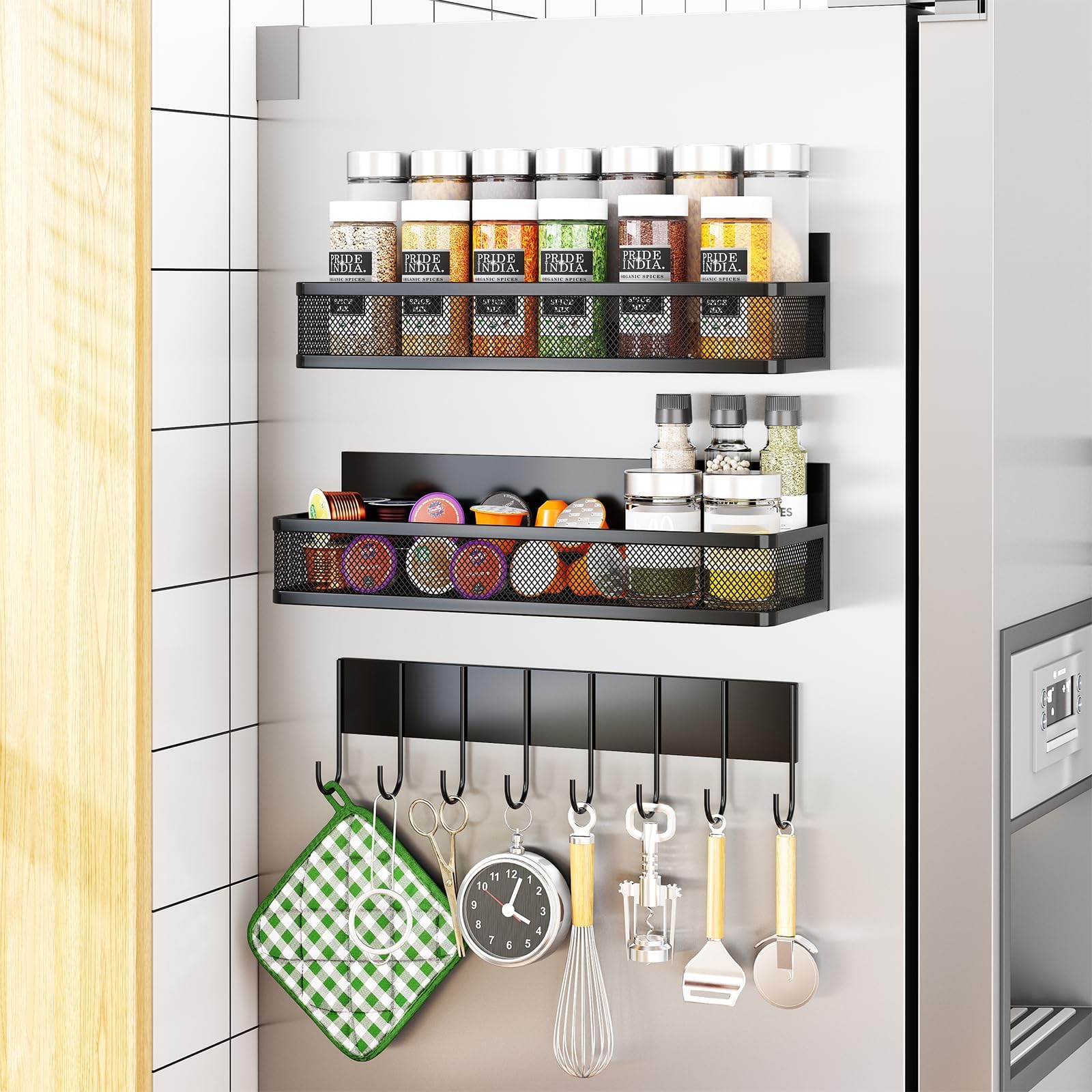 Aufworld Magnetic Spice Rack for Refrigerator, 3 Pack Magnetic Shelf, Moveable Fridge Organizer with 8-Hook Rack, Seasoning Organizer for Kitchen
