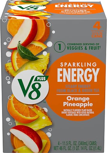 V8 +Energy Sparkling Orange Pineapple Juice Energy Drink, 11.5 fl oz Can (4 Pack)