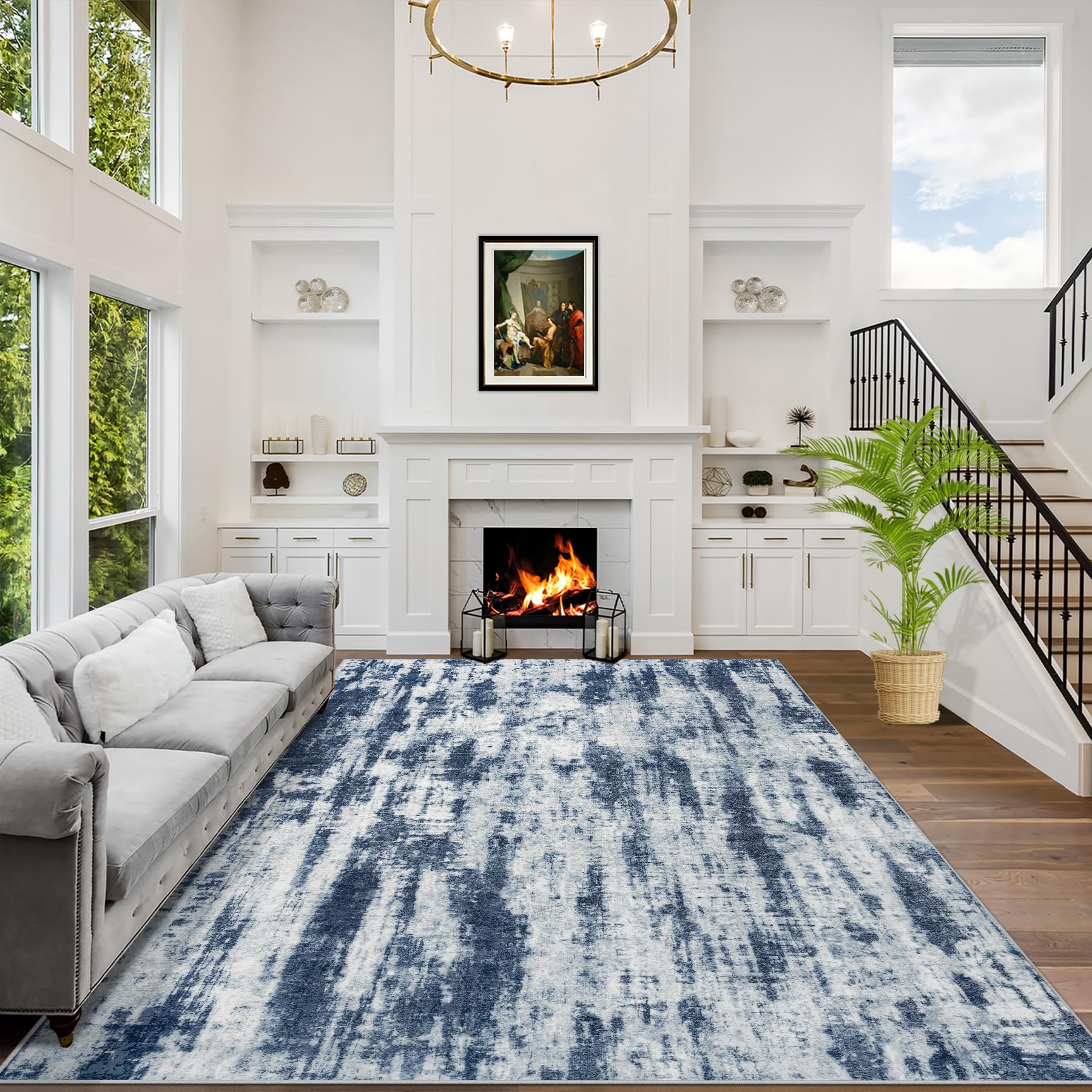 9x12 Area Rugs Washable Rug: Modern Abstract Living Room Rug Soft Anti-Skid Thin Carpet Indoor Floor Non-Shedding Carpets for Bedroom Dining Room Farmhouse Nursery Home Office Blue Grey