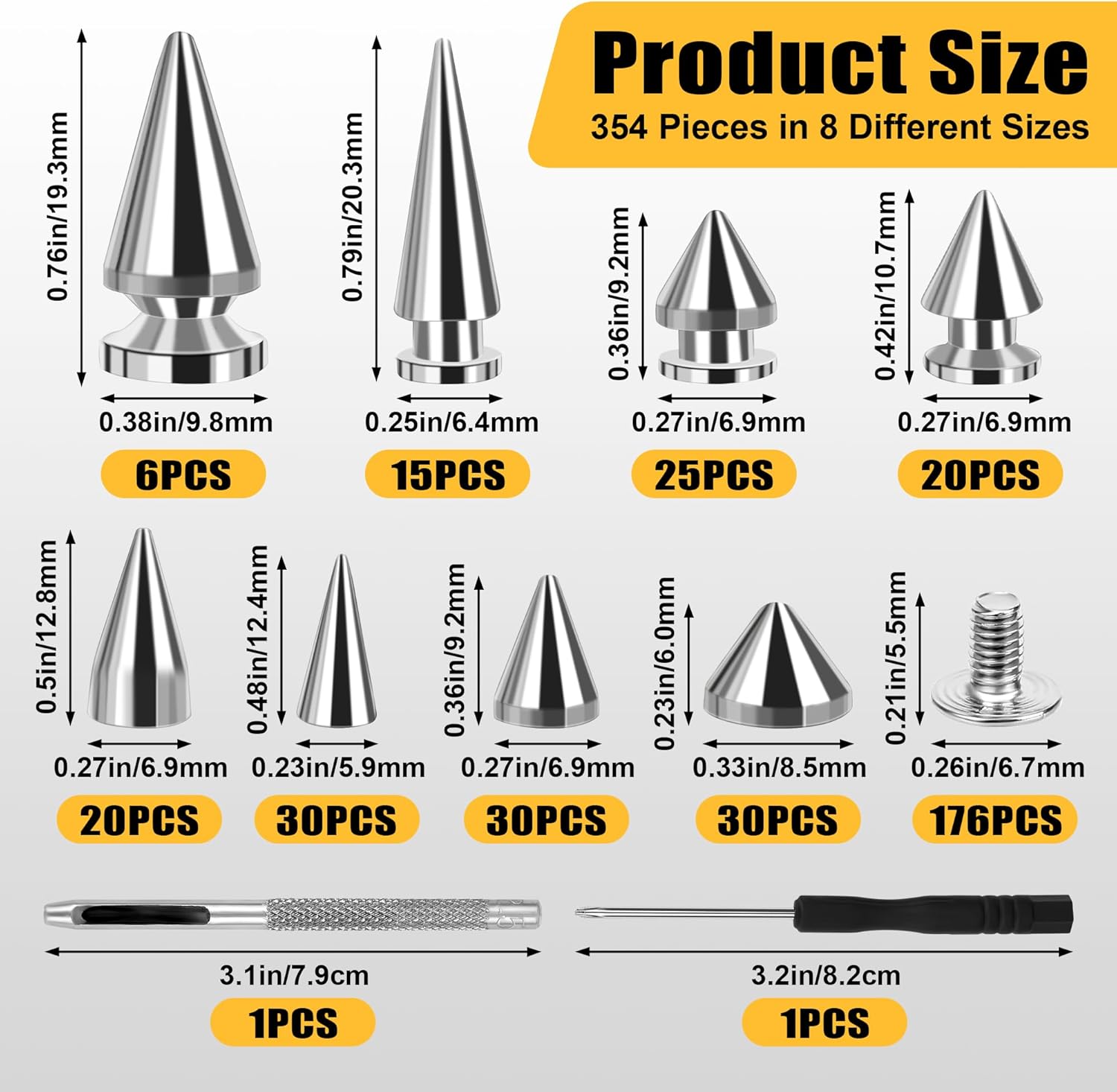 354 Pieces Punk Spikes and Studs Kit, Anglecai 8 Size Cone Spikes Studs Metal Tree Punk Studs for Clothing Spike Rivets for Leather Craftsmanship, Punk Style Clothing Accessories - Image 2