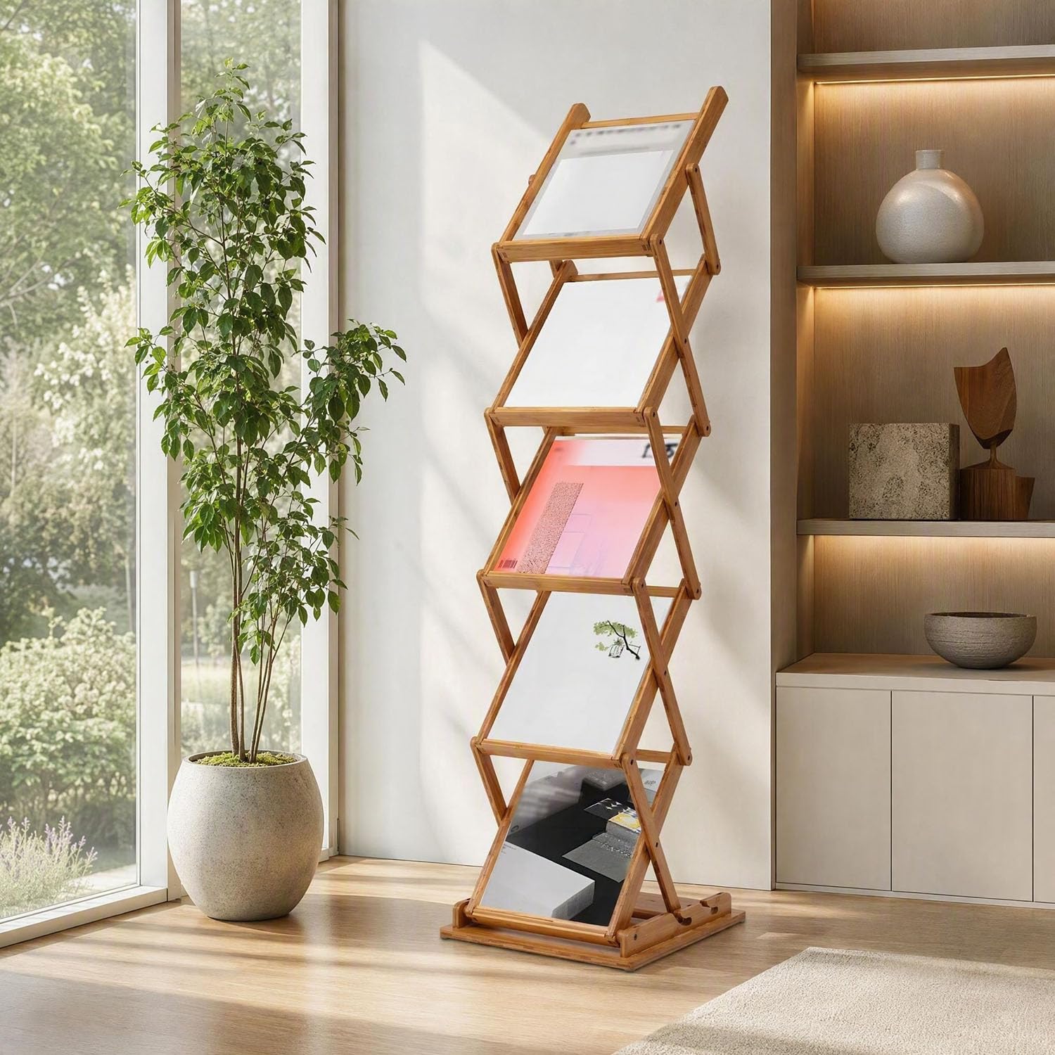 Foldable Bamboo Magazine Rack Floor Stand, 5 Pockets A4 Display Holder