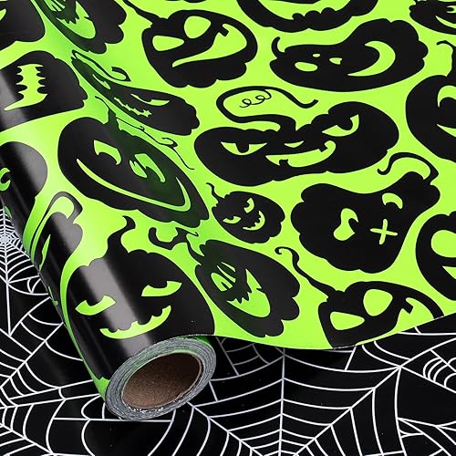 Miniatura 10 de RUSPEPA Rollo de papel de regalo reversible, mini rollo, diseño de calabaza, sombrero de bruja, murciélago y fantasma, ideal para Halloween, fiesta,