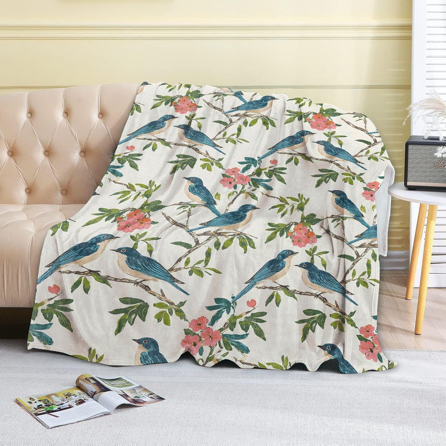 Elegant Bird and Floral Fleece Blanket - 50x60in Bluebird and Blooming Flower Throw Blankets,Soft Cozy Lightweight, Ideal for Living Room Home Rustic Spring Decor and Kids Women Girls Gifts - Image 2