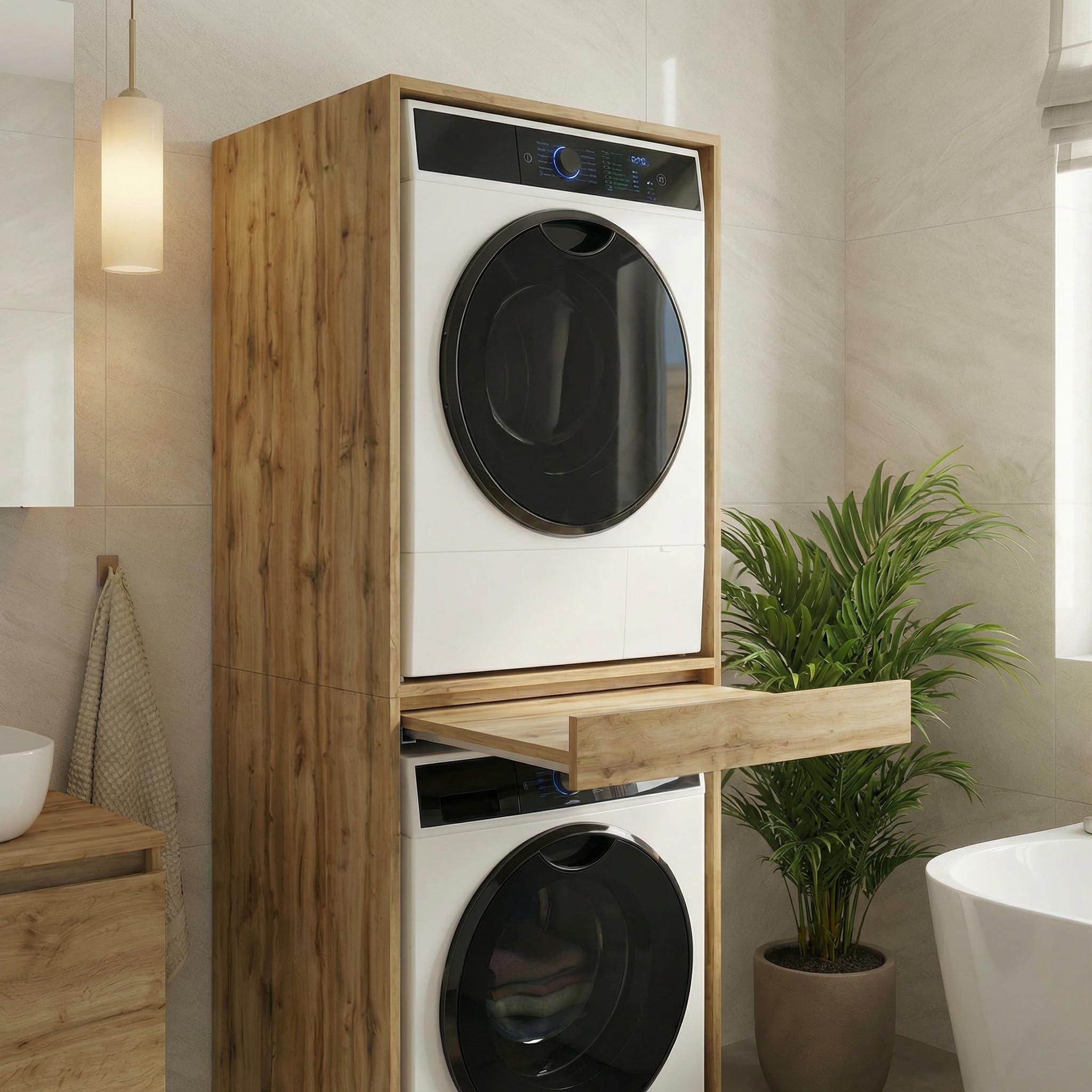ModernHome Waschmaschinenregal für Waschmaschine und Trockner | Waschturm Schrank mit ausziehbarer Ablage | Waschraum Möbel | Eiche Wotan | Schrank für Waschküche mit Stauraum