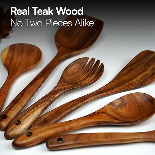 Miniatura 2 de Juego de utensilios de madera de teca premium, 7 cucharas y espátulas de cocina hechas a mano, antiadherentes, duraderos, resistentes al calor para