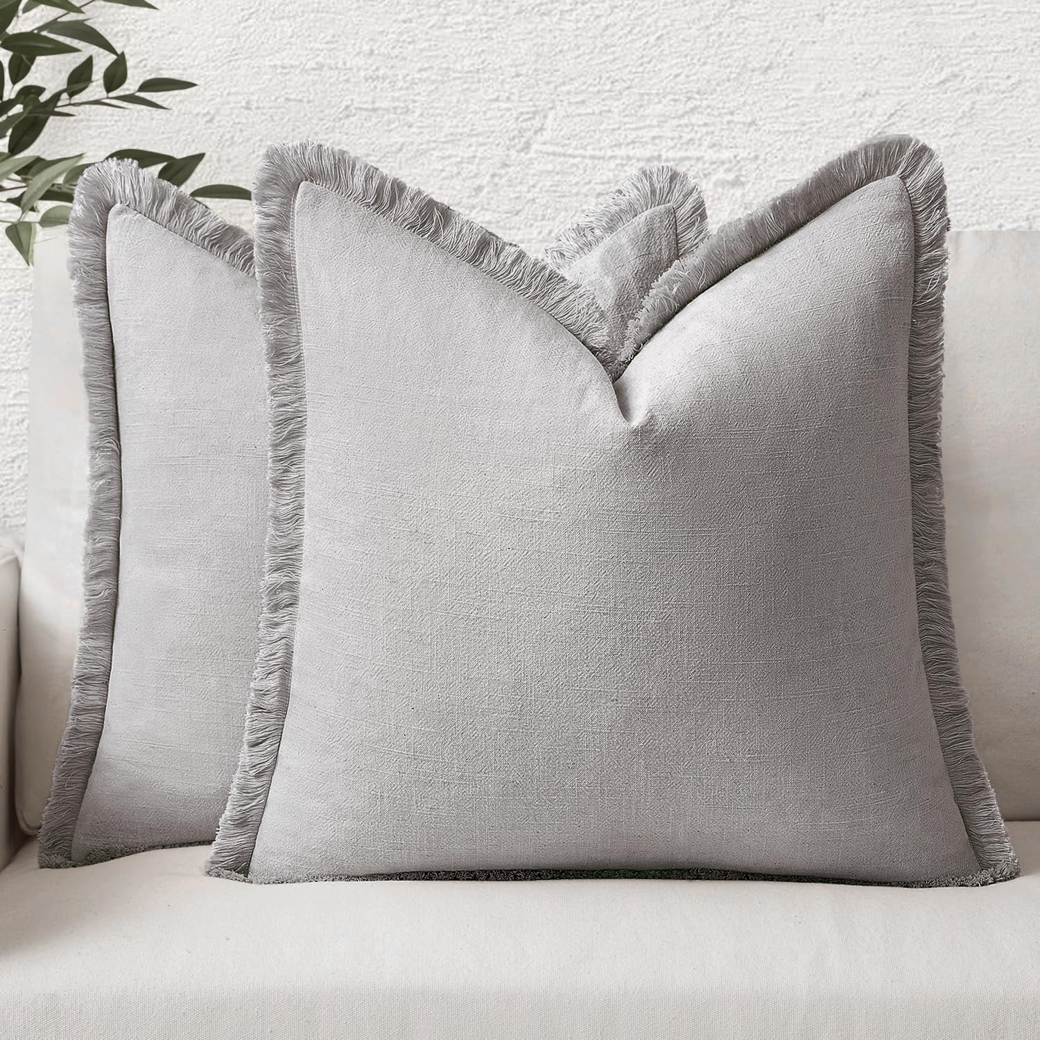MIULEE Boho Linen Fringe Decorative Throw Pillow Covers Light Grey 20x20