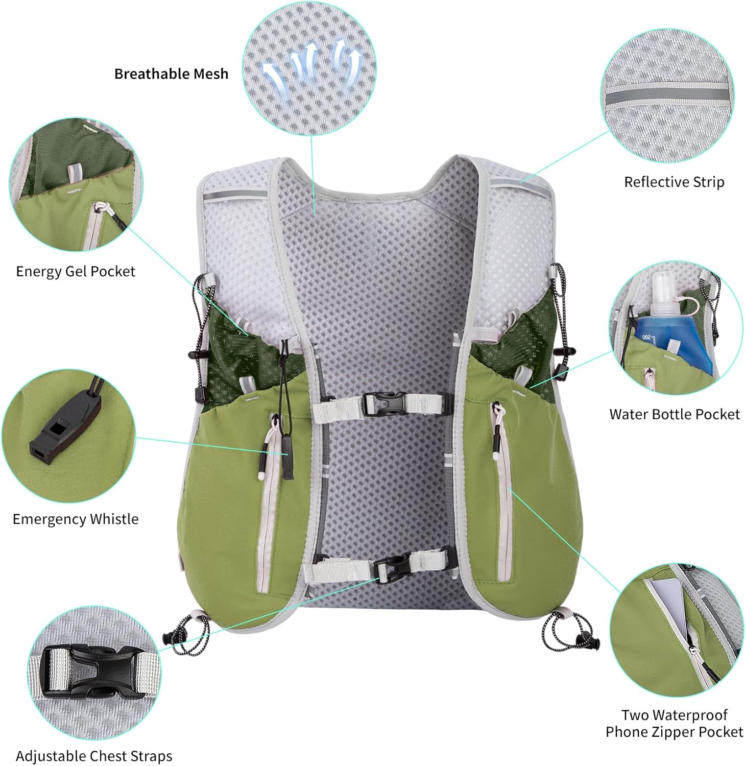 Hydration Running Vest for Women Men,Lightweight Breathable Reflective Hydration Pack with 500ml Water Bottle,Hydration Vest Pack Backpack for Hiking,Camping,Trail Running,Cycling,Race,Marathon - Image 2