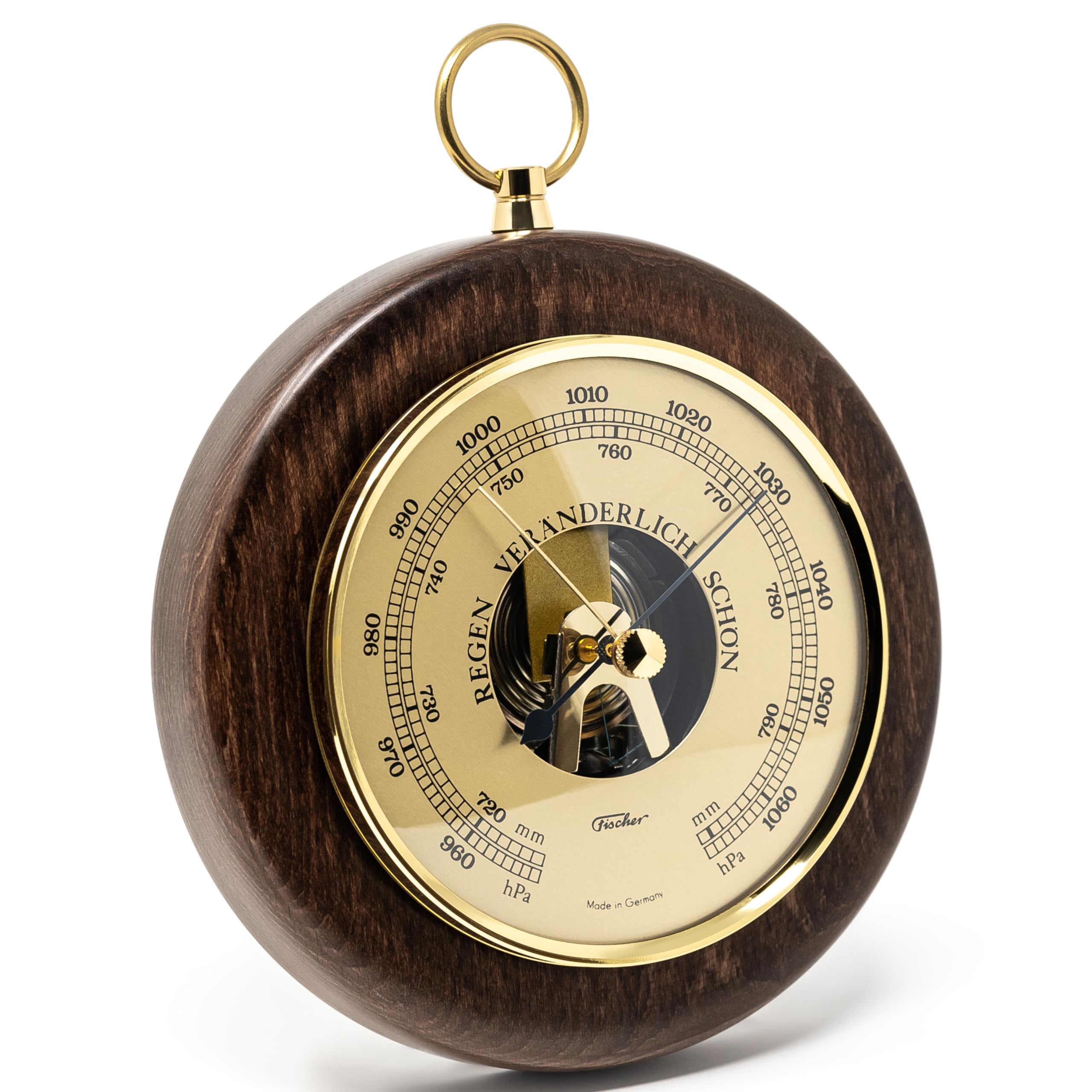 Fischer 1366R-12 Barometer - 140 mm Druckmessgerät mit Echtholz-Gehäuse nussbaumfarben gebeizt - Made in Germany