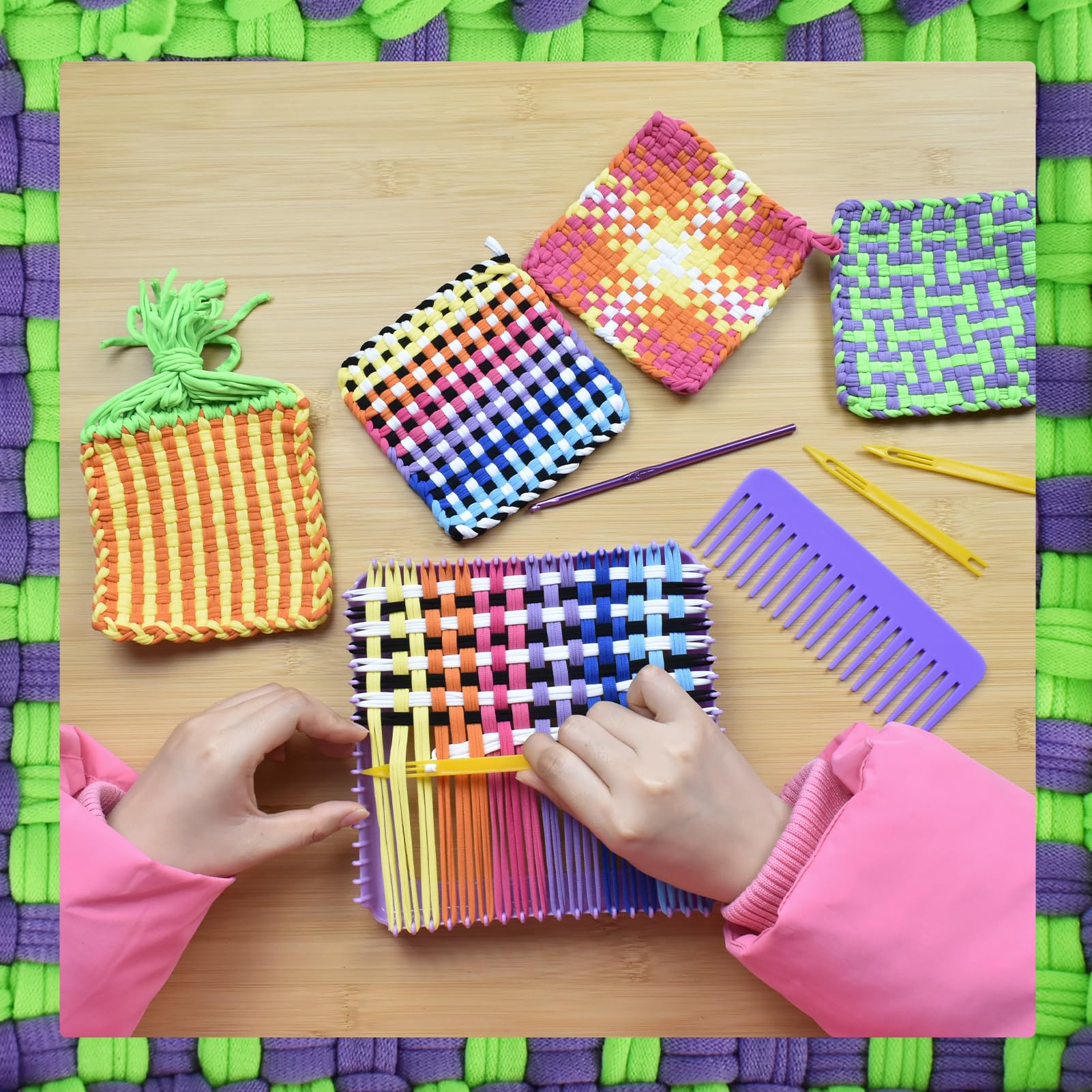 Artcome Kit di telaio per tessitura con 400 passanti di 10 colori, uncinetto in metallo, navetta, pettine per tessitura, borsa a mano, kit per presine, per ragazze e adulti (viola)