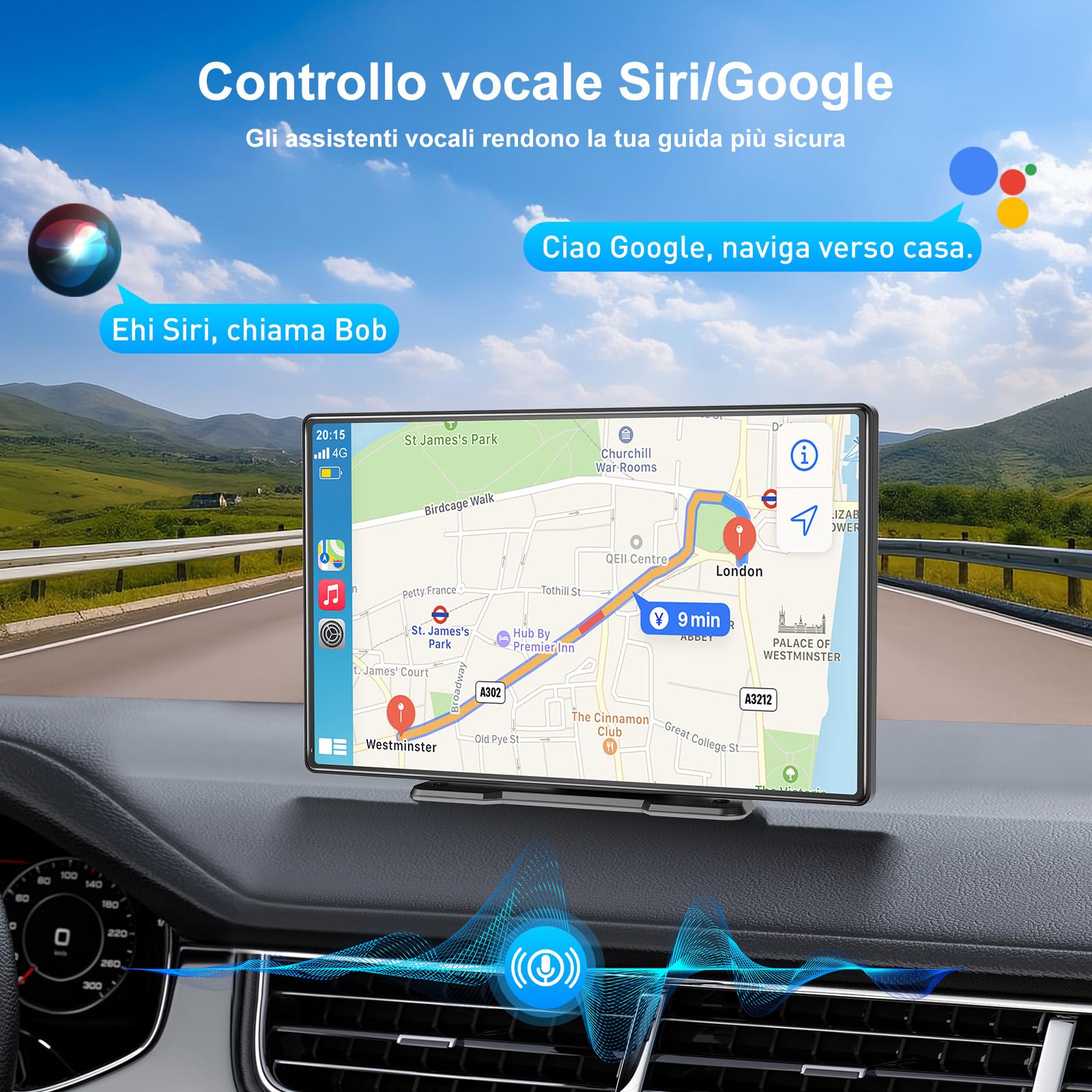 ESSGOO CarPlay Android Auto,schermo CarPlay IPS da 9 pollici per auto con Dash Cam anteriore 2.5K,telecamera di backup 1080P,CarPlay senza fili con Bluetooth 5.0/FM/Siri/G-oogle/Mirror Link/64G TF/AUX
