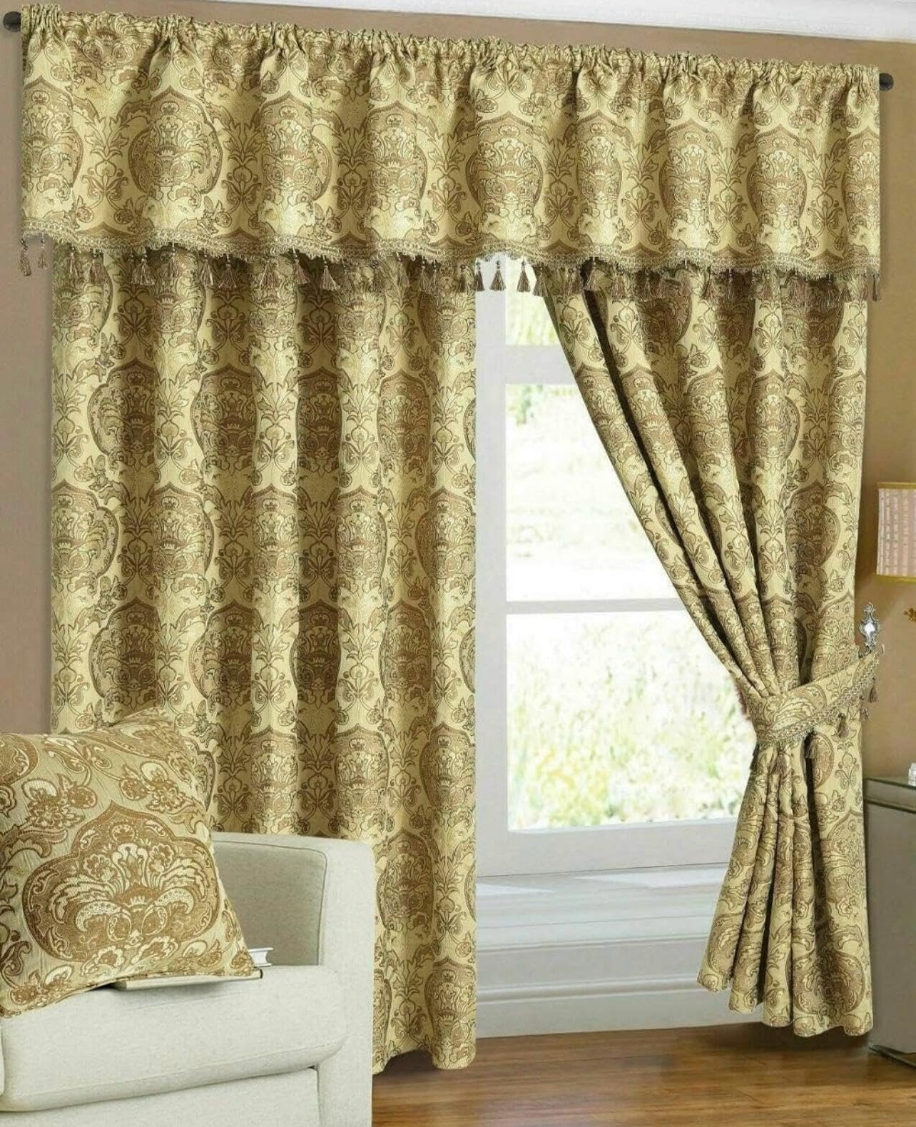 Georgia Modern Jacquard Chenille Curtains, Fully Lined with Pencil Pleat Panels for Timeless Elegance” (Gold, W "66 x L 54")