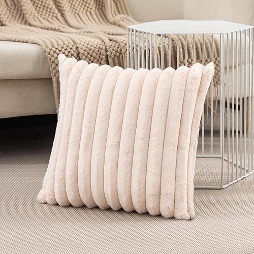 Miniatura 5 de ZLINA Juego de 2 fundas de almohada de felpa de pelo sintético de color blanco, fundas de cojín a rayas peludas de 24 x 24 pulgadas, decoración de