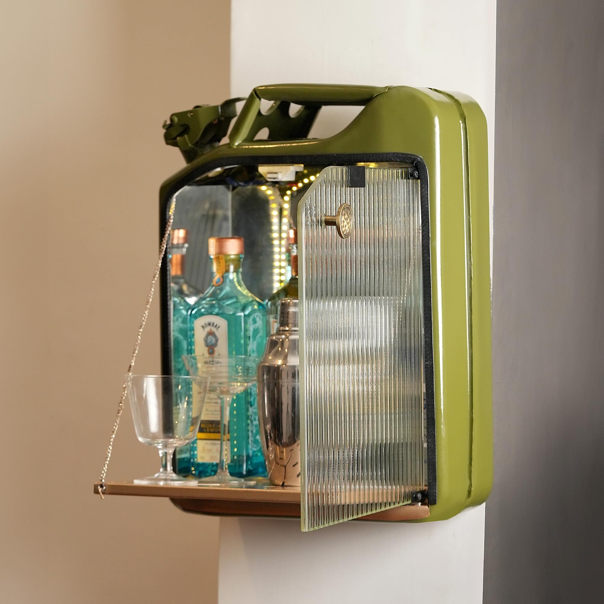 Jerry Bar by SpeedX – Wall Mounted Drinks Cabinet | Olive Green | Fluted Glass Display, Backlit Interior, Bottle & Glass Storage | Compact Home Bar for 3–4 Bottles & 4–5 Glasses-image-4