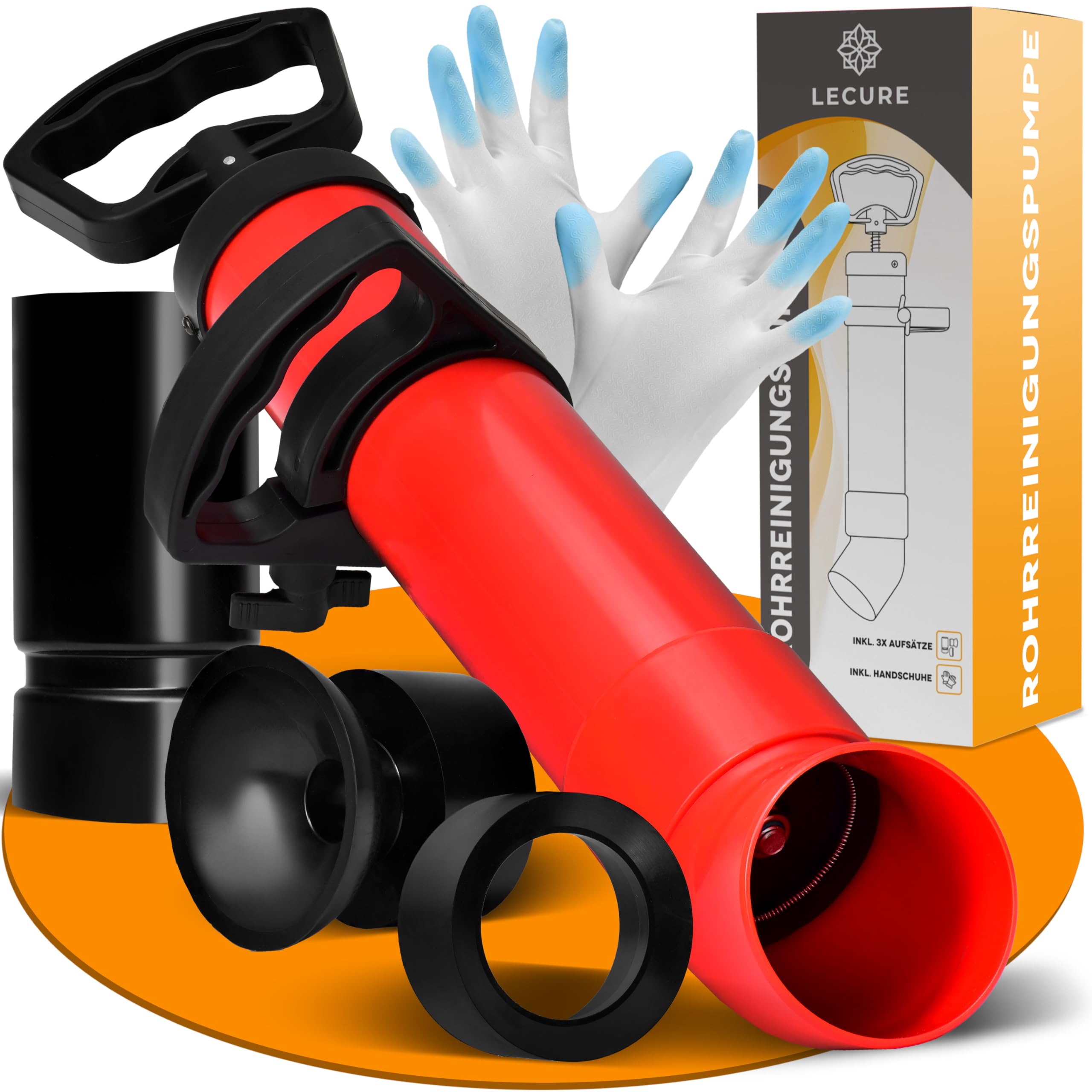 Rohrreinigungspumpe [Inkl. 3x Aufsätze] - Effektive Abflusspumpe für Rohrreinigung inkl. Handschuhen und 3 Abfluss-Adaptern für Dusche, Toilette, Spüle & Co.