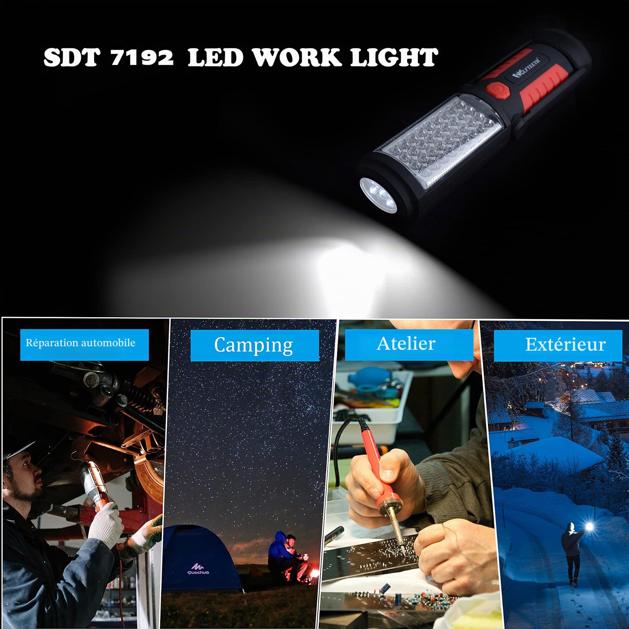 WOLFTEETH Lampe de Poche LED, 36+5 Lampes de Travail Magnétiques Portables, Lampe de Inspection Camping, Crochetà 360 Degrés, Base Magnétique à 270 Degrés pour Usage Domestique d'urgence