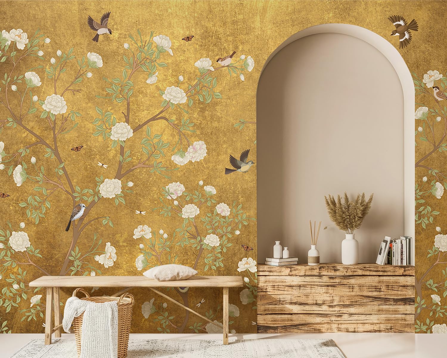 Ausril Plum Blossom Mural Wallpaper, Golden Background Floral Wall Mural, Chinoiserie Bird Flower Mural, Vintage Branches Wallpaper for Living Room,