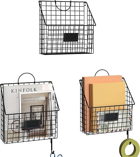 Yuzehuaza Organizador de archivos de pared colgante de metal montado en la pared con asas y ganchos, estante de documentos para revistas, para