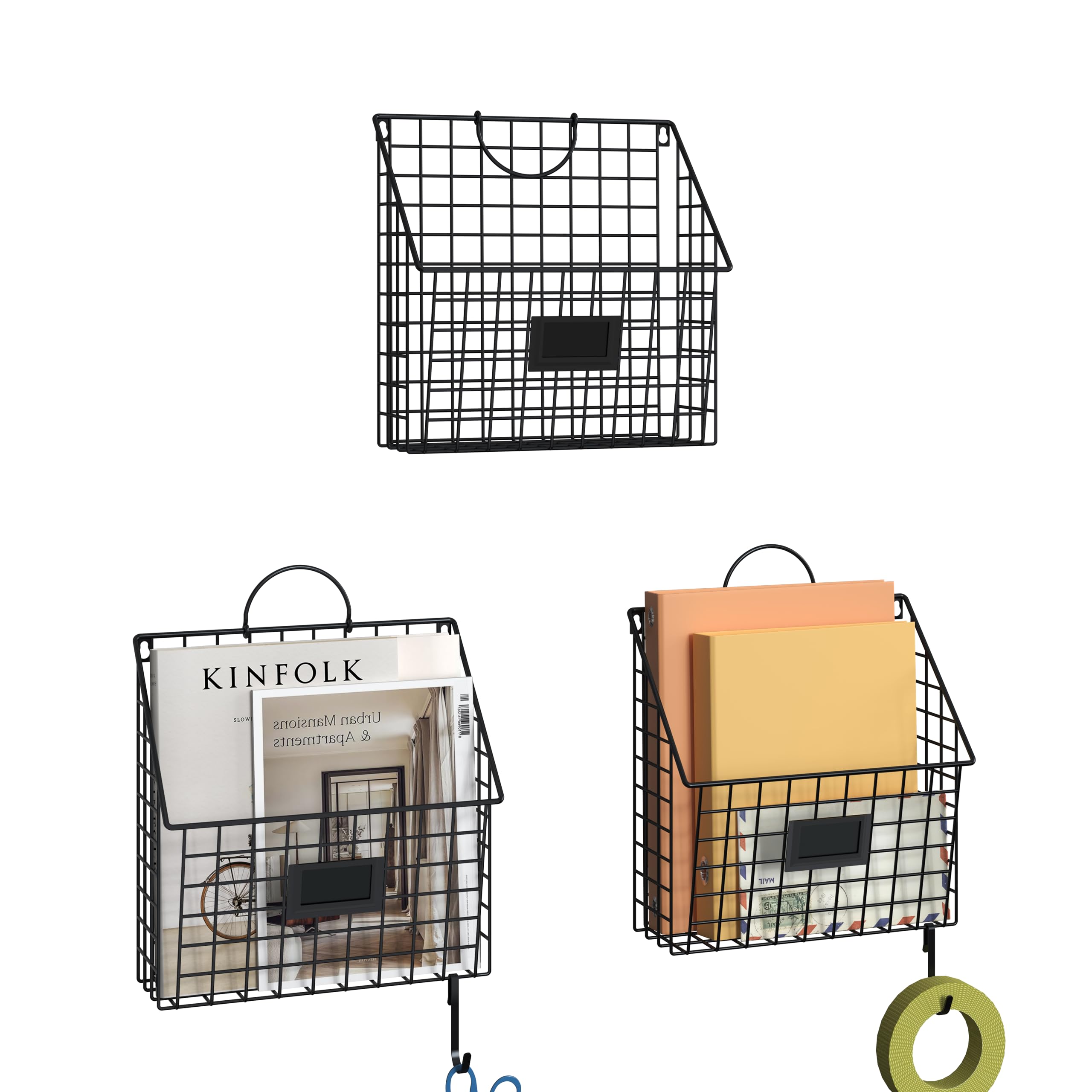 Yuzehuaza Hanging Wall File Organizer Metal Wall Mounted File Holder Folder with Handles and Hooks, Magazine Document Rack, for Home Office or Decor, 3 Packs (Patent Pending)