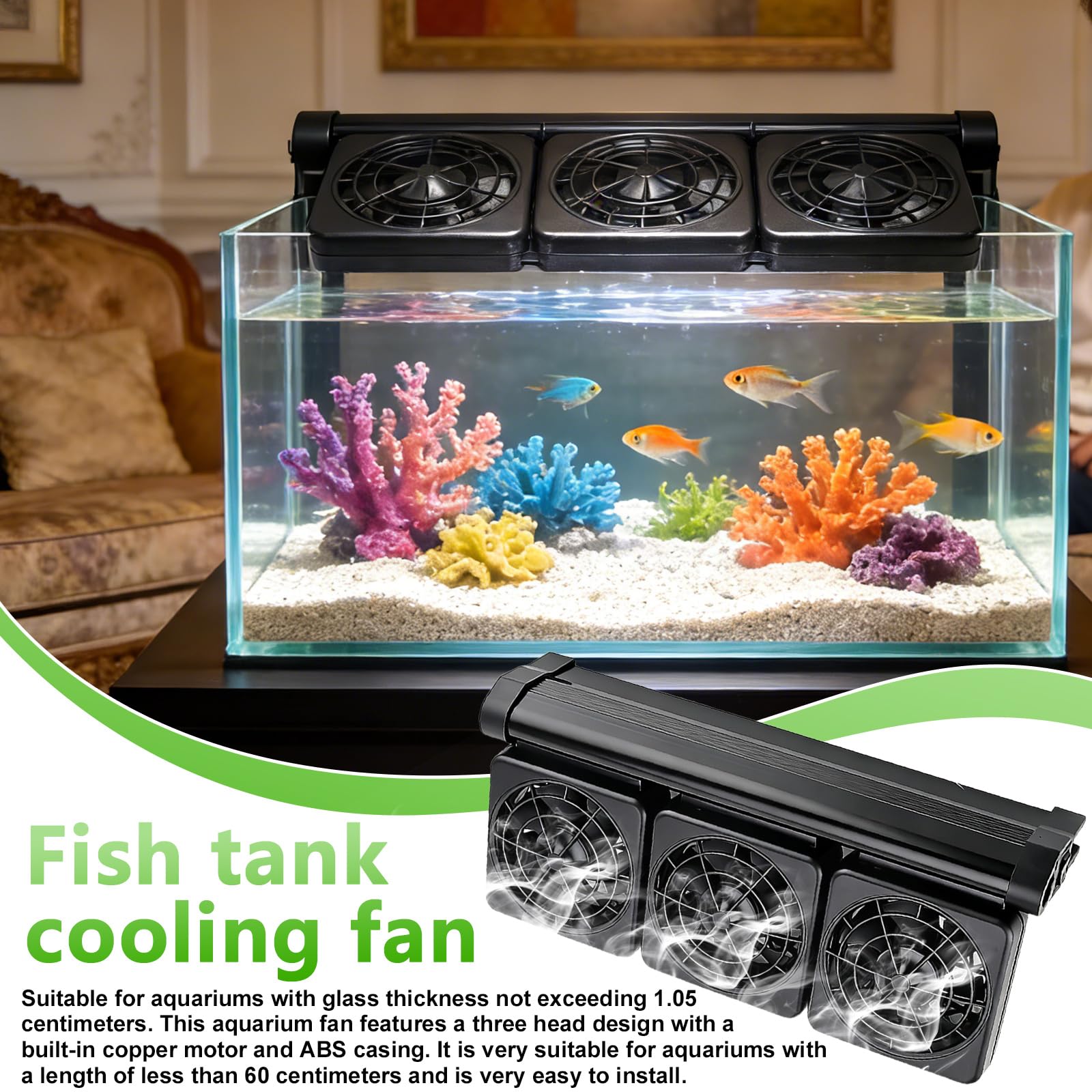 PORFOYO 3-Köpfiger Aquarium Lüfter, 7.2w Aquarium Kühlventilator, 5 Regelbare Geschwindigkeiten, Leiser Energieeffizienter Aquarium Lüfter Mit Timer, Verstellbar Aquarium Kühler Für Salz-/Süßwasser