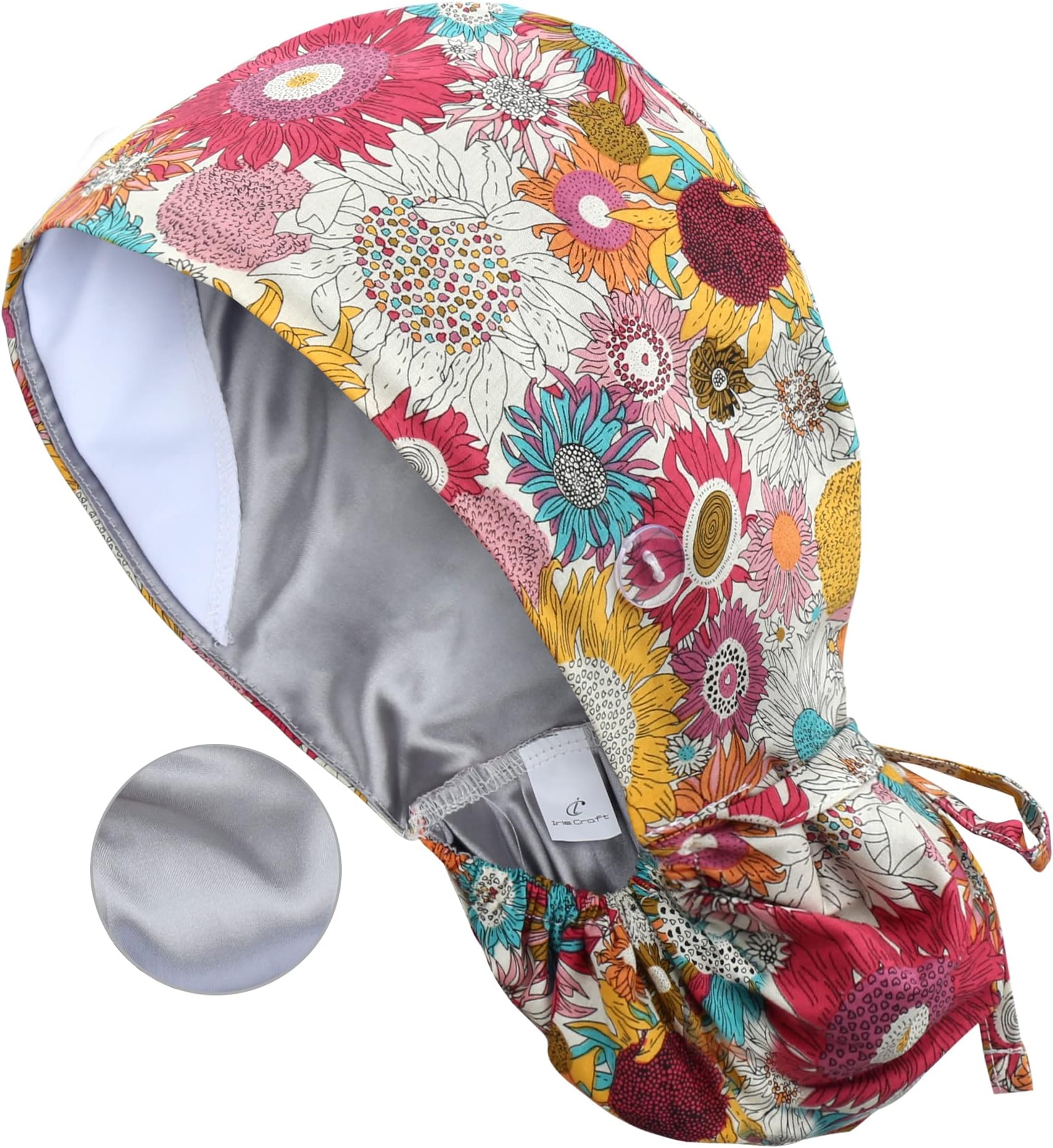 QBA Adjustable Working Cap with Button, Satin-Lined Hat, Cotton Working Hat Sweatband, Elastic Tie Back Hats Unisex