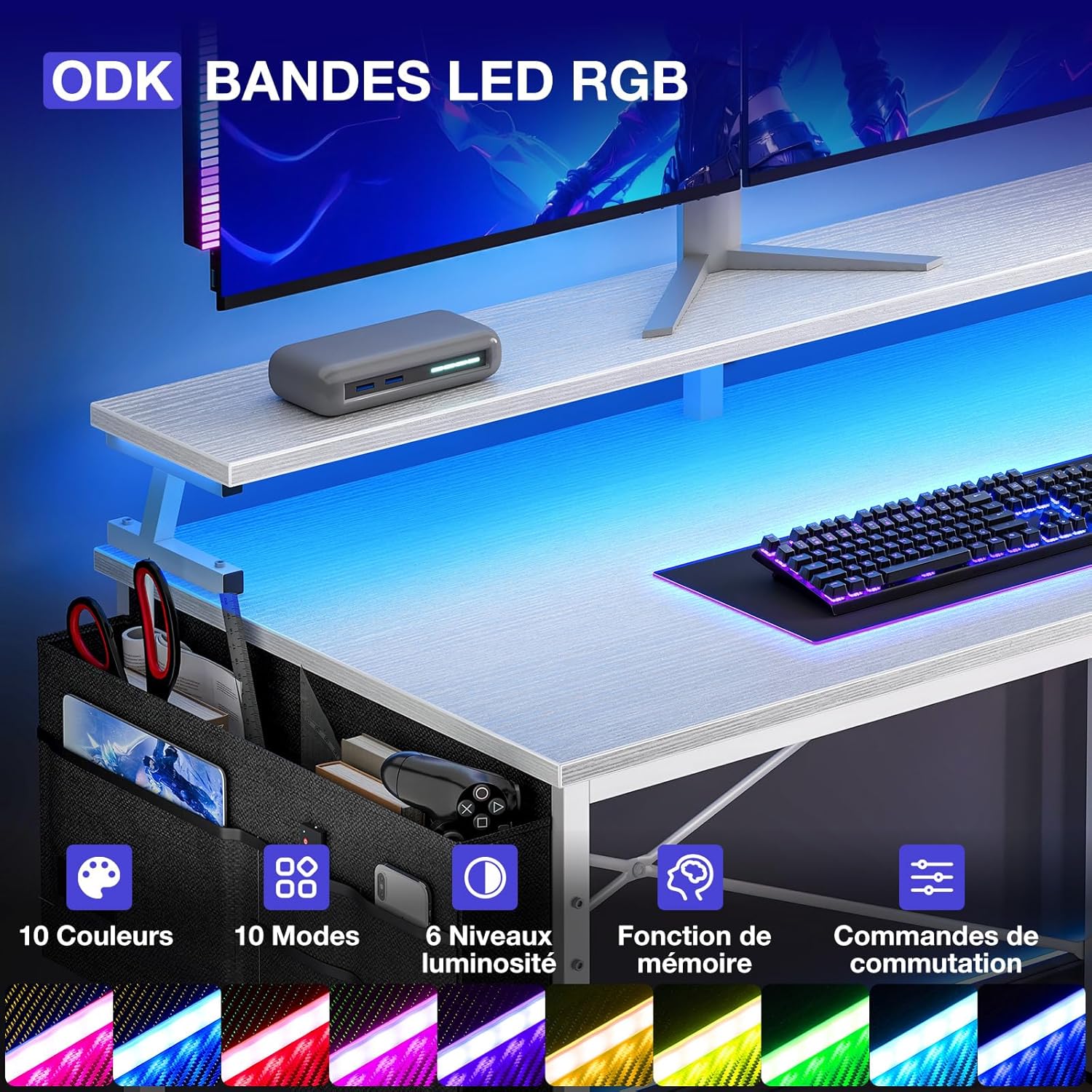 Close-up of the ODK desk's LED strip and control panel