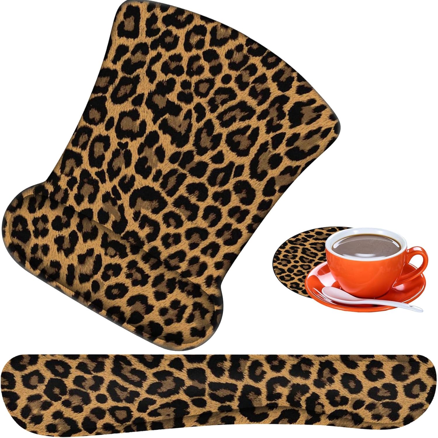 Ergonomic Mouse Pad, Mouse Wrist Rest Pad + Keyboard Wrist Rest Pad + Coaster, Made of Memory Foam, Easy to Use and Relieve Wrist Pain, Computer, Games, Office, Home - Leopard Print