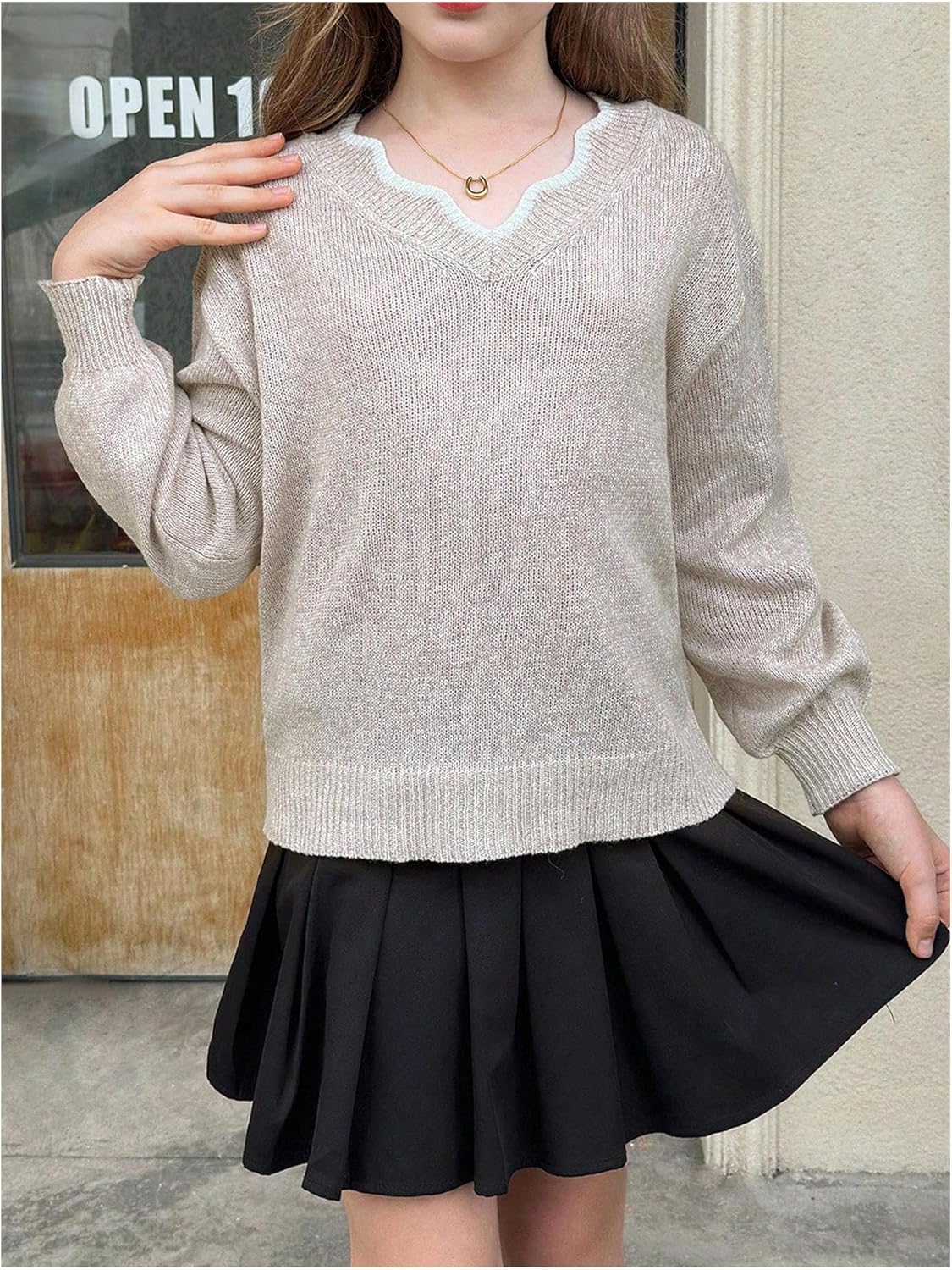 Girl's Bowknot Sweater V Neck Long Sleeve Knitted Cute Pullover Sweater Jumper Tops - Image 6