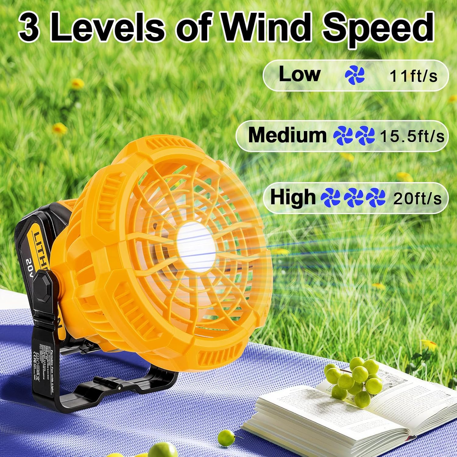 Portable Camping Fan with LED Lantern for Dewalt 20V Max Battery Operated Tent Ceiling Fan with Remote Control, Small Outdoor Fan with Hook for Canopy(No Battery)