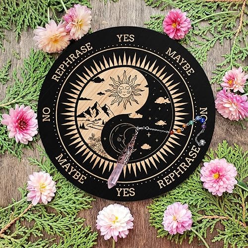 Miniatura 4 de ORIGACH Tablero de péndulo de sol y luna de 7.9 pulgadas, tablero de adivinación de brujería de madera con péndulo de radiestesia de cristal para