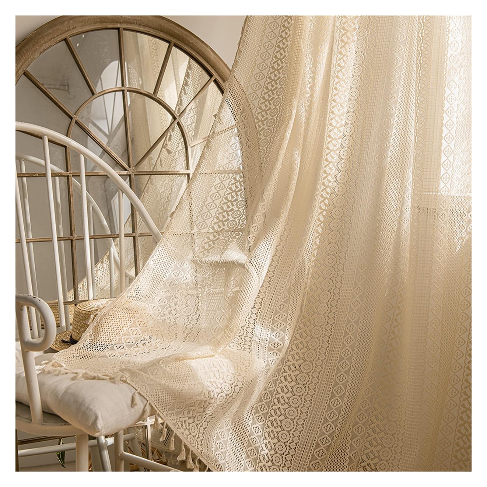 Rideaux en dentelle au crochet beige W150xH300cm pour chambre