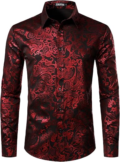 ZEROYAA Men's Luxury Gold Prom Design Slim Fit Long Sleeve Button up Party Dress Shirts