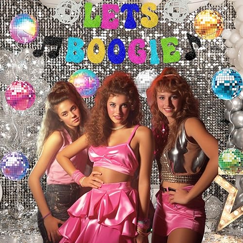 Miniatura 7 de Decoraciones de fiesta temática de discoteca de los años 80 y 90, pancarta con texto en inglés "Let's Boogie", decoración colgante de remolinos de