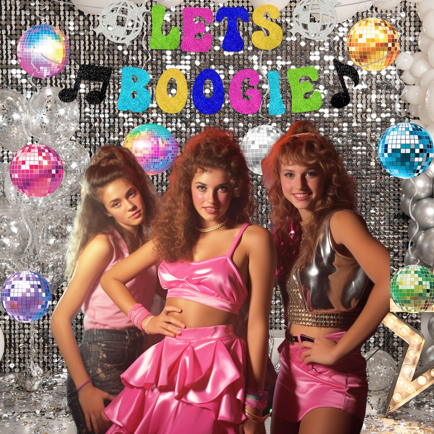 Decoración de fiesta temática de discoteca de los años 80 y 90, con texto en inglés "Let's Boogie", bola de discoteca, remolinos colgantes, telón de fondo de los años 70, decoración colgante para