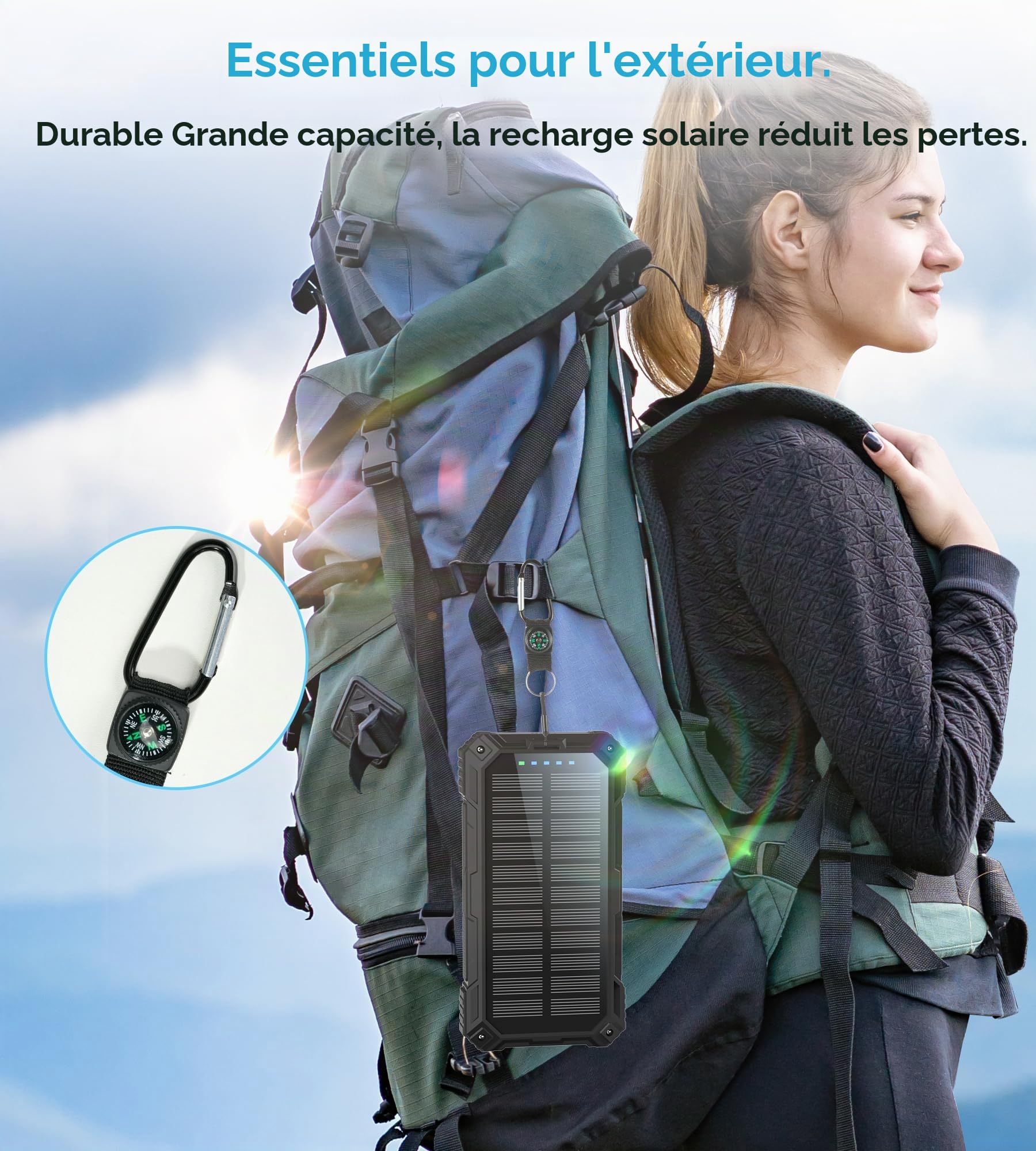 56800mAh Batterie Externe Solaire: 30W PD 3.0A USB C Power Bank Charge Rapide avec 4 Câbles, 6 Sorties/3 Entrées, 15W Chargement sans Fil, Lampe de Poche, Voyant LED, Chargeur Externe pour Téléphone