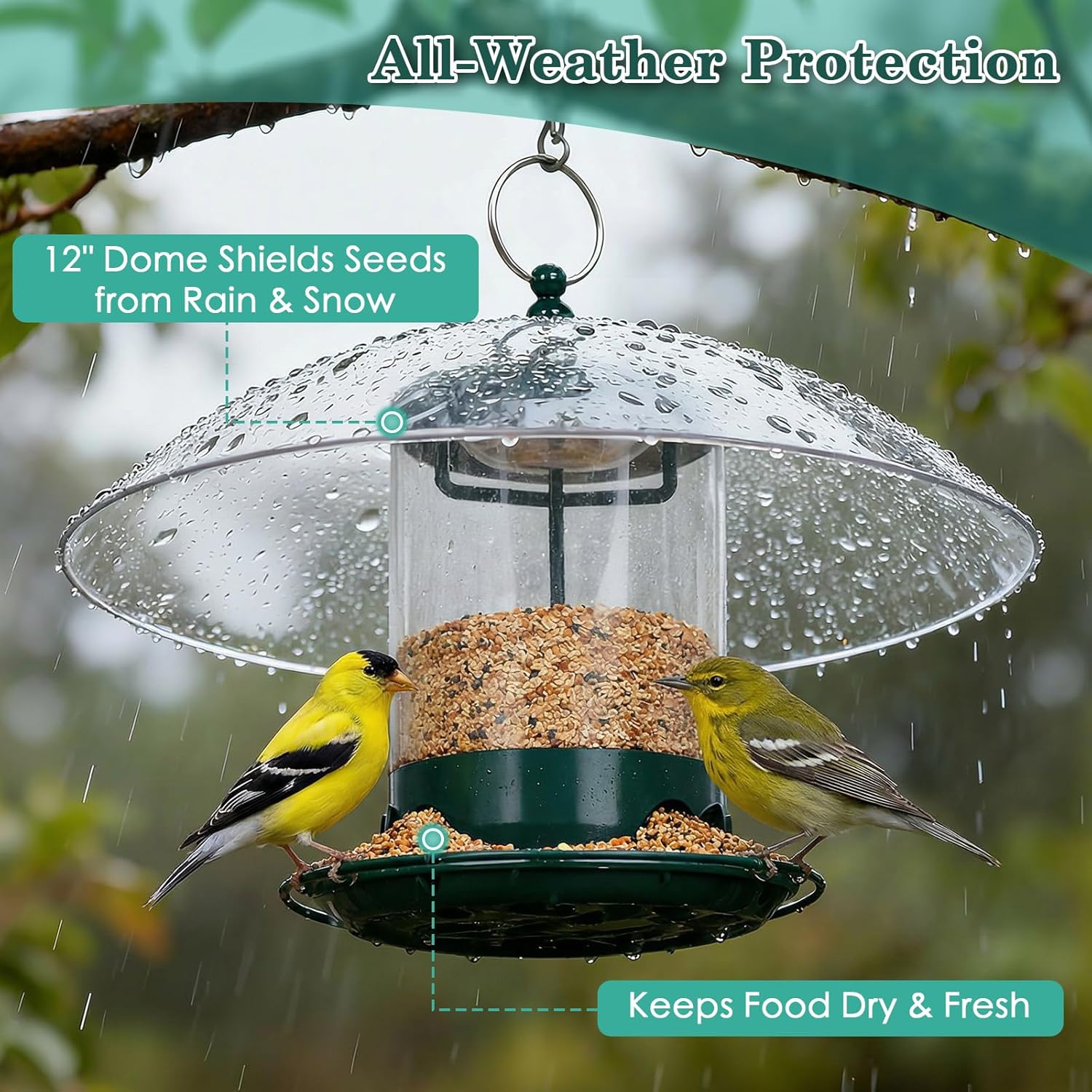 Gbekery Metal Bird Feeder for Outdoor Hanging with 12” Weatherproof Dome, Weather Resistant Wild Bird Feeder with 360 Degree Feeding Tray, Green