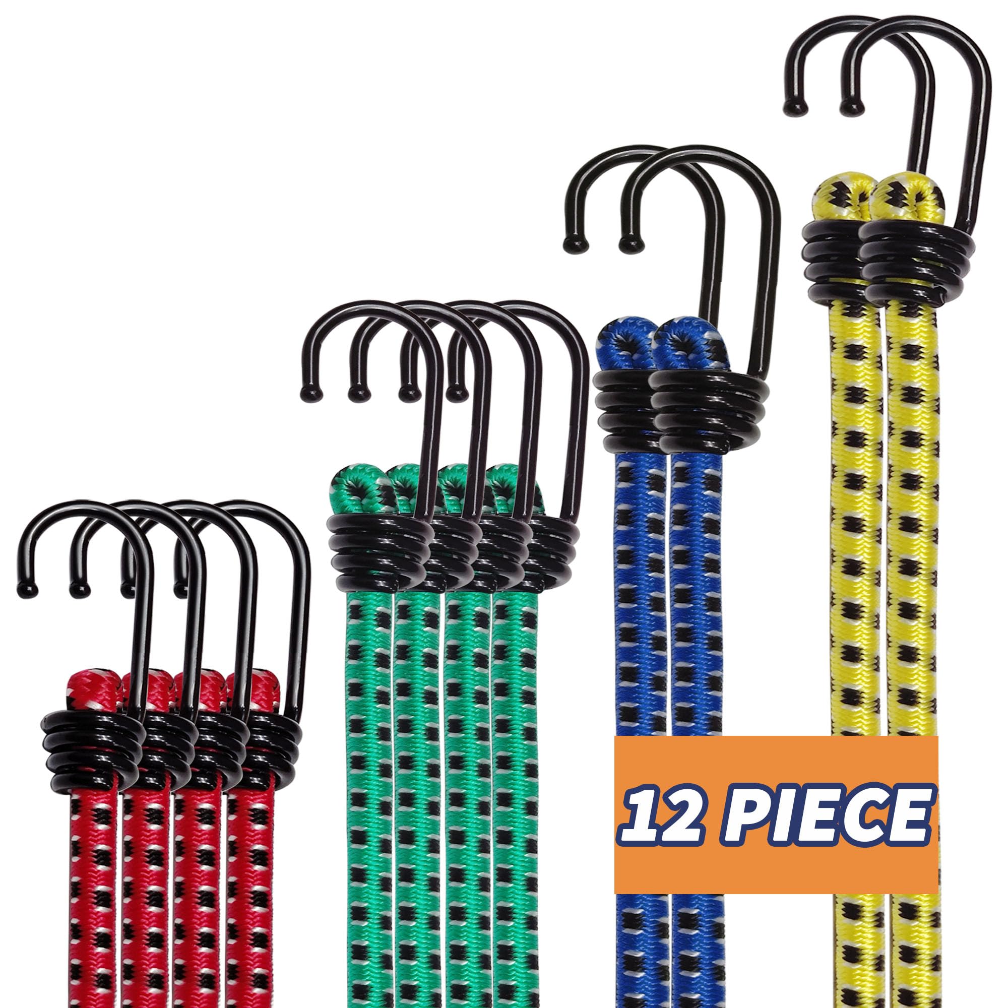 Small Bungee Cords with Hooks 12PC, Includes 12",24",32",40" Premium Elastic Bungee Cords Heavy Duty Outdoor Bungie Straps for Camping,Tent,Luggage Rack,Kayak,Various Cargoes