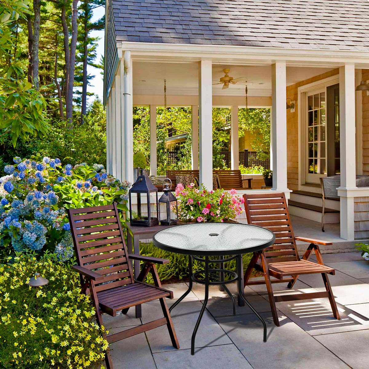 COSTWAY Table de Jardin Ronde, Plateau en Verre Trempé Massif avec Trou de Parasol, Cadre en Métal Anti-Rouille Plateau ø 80 CM, Hauteur 70 CM pour Balcon, Bistro,Patio, Terrasse Noir