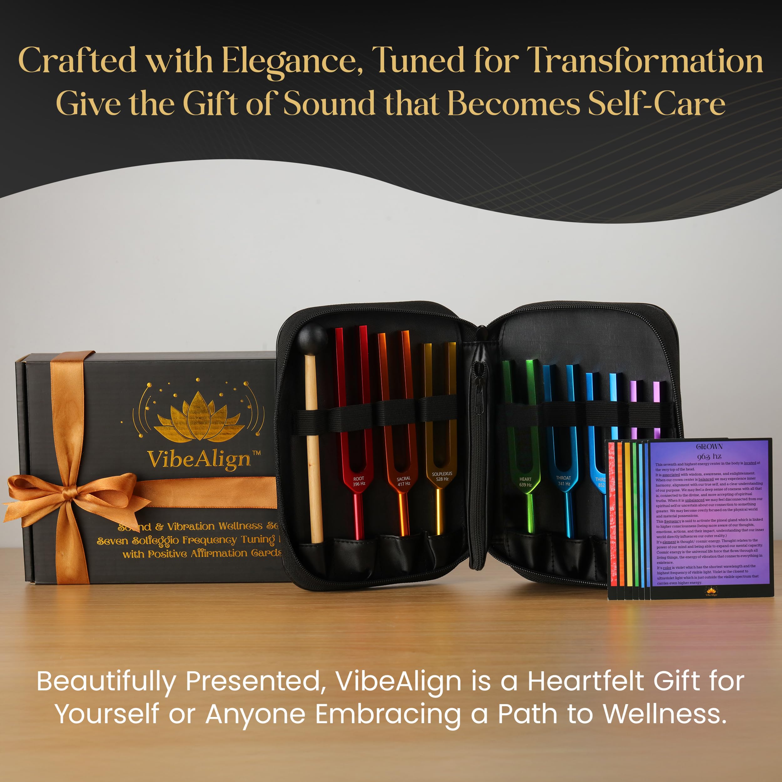 Stimmgabel-Set mit positiven Bestätigungskarten für Vibration und Frequenz Wellness, 7-teiliges Solfeggio-Frequenz-farbcodierte Klanginstrumente mit Schutzhülle, Schlägel, Tuch und Anleitung