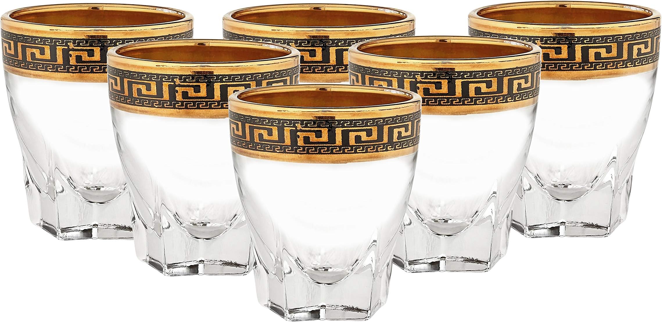 "Cristalleria Italian Decor" Crystal Shot Liquor Glasses Shooters, 2.5 oz. 24K Gold Rimmed Greek Key Ornament, Hand Made in Italy, SET OF 6