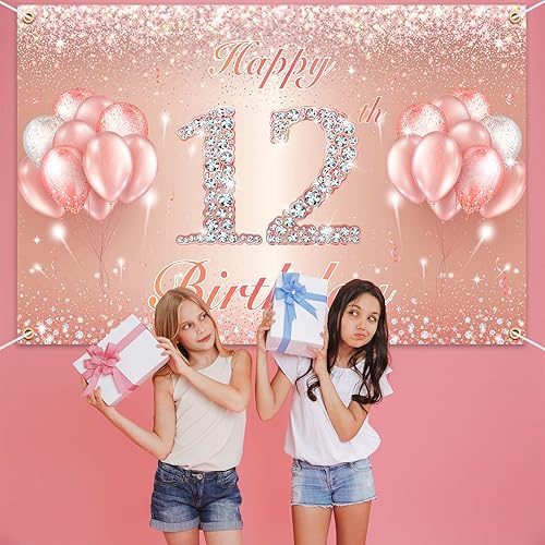 Miniatura 7 de Fondo de pancarta de feliz cumpleaños 12 Suministros de decoración de fiesta de cumpleaños 12 para niñas o niños Oro rosa 4 x 8 pies