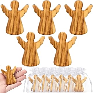 Geelin 6 Pcs Olive Wood Guardian Angel Comfort Pocket Angel with Mesh Bag Guardian Figurine Gifts for Relieve Anxiety Worry Religious Present for Christians Hospice Patients famliy Share